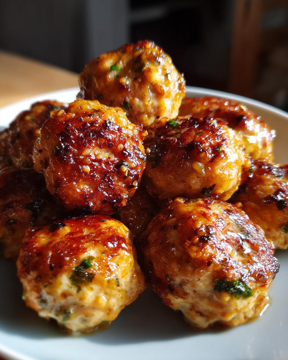 Close-up of golden-brown garlic parmesan chicken meatballs, glistening with sauce and sprinkled with herbs.
