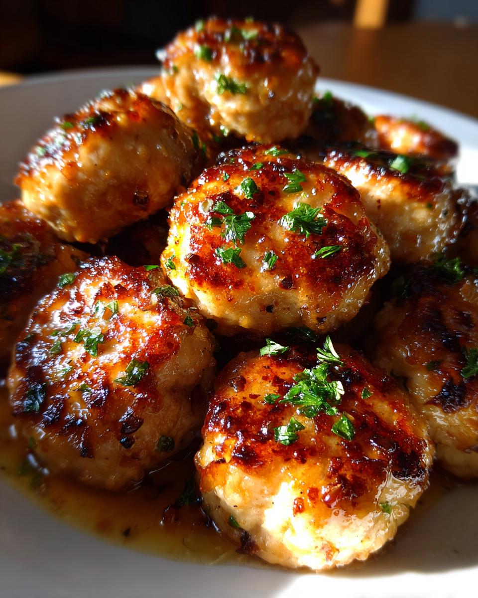 A close-up shot of golden-brown garlic parmesan chicken meatballs, garnished with fresh parsley and coated in a savory sauce.