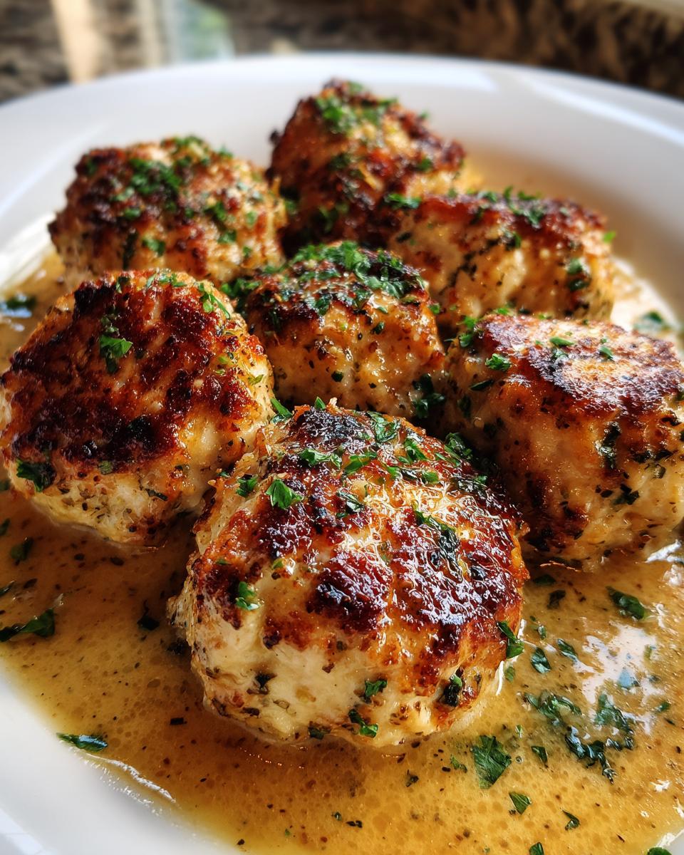 Close-up of golden-brown garlic parmesan chicken meatballs in a savory sauce, sprinkled with fresh parsley.