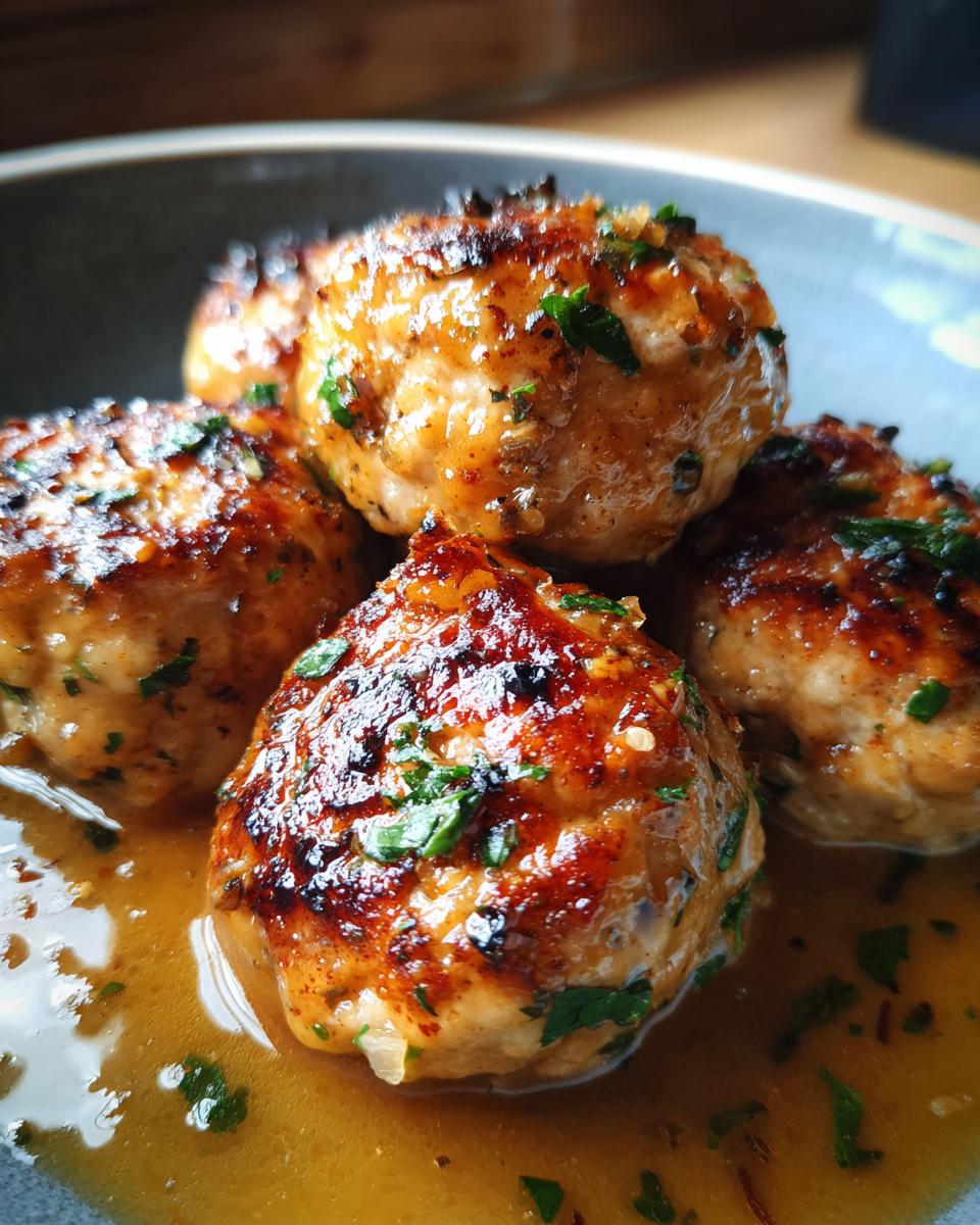 Close-up of juicy garlic parmesan chicken meatballs in a savory sauce, garnished with fresh parsley.