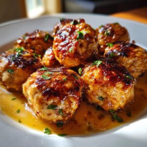 Close-up of golden-brown garlic parmesan chicken meatballs in a savory sauce, garnished with parsley.