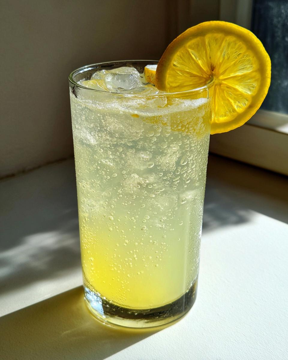 A tall glass filled with fizzy, yellow homemade lemonade, ice cubes, and garnished with a lemon slice.
