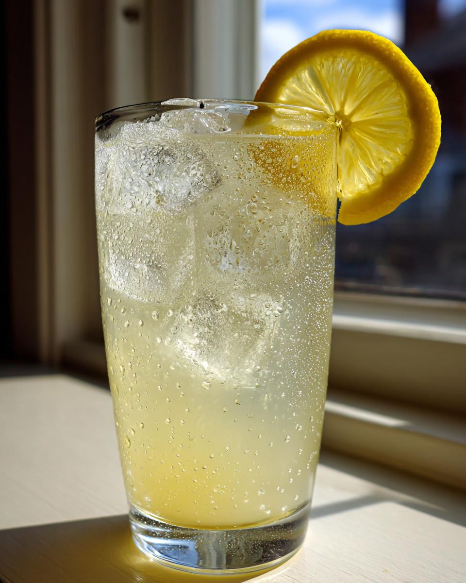 A tall, sweating glass filled with ice and homemade lemonade, garnished with a fresh lemon slice.