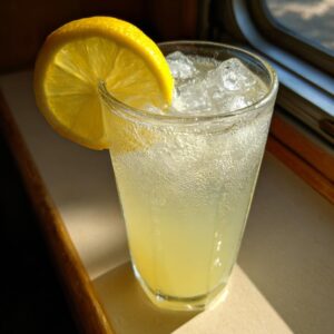 Close-up of a tall, sweating glass filled with ice and homemade lemonade, garnished with a fresh lemon slice.