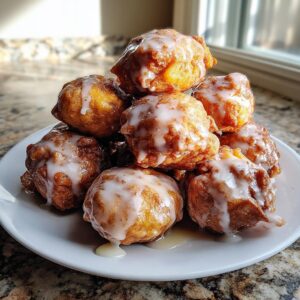 A stack of golden brown, freshly fried apple fritter bites drizzled generously with white glaze.
