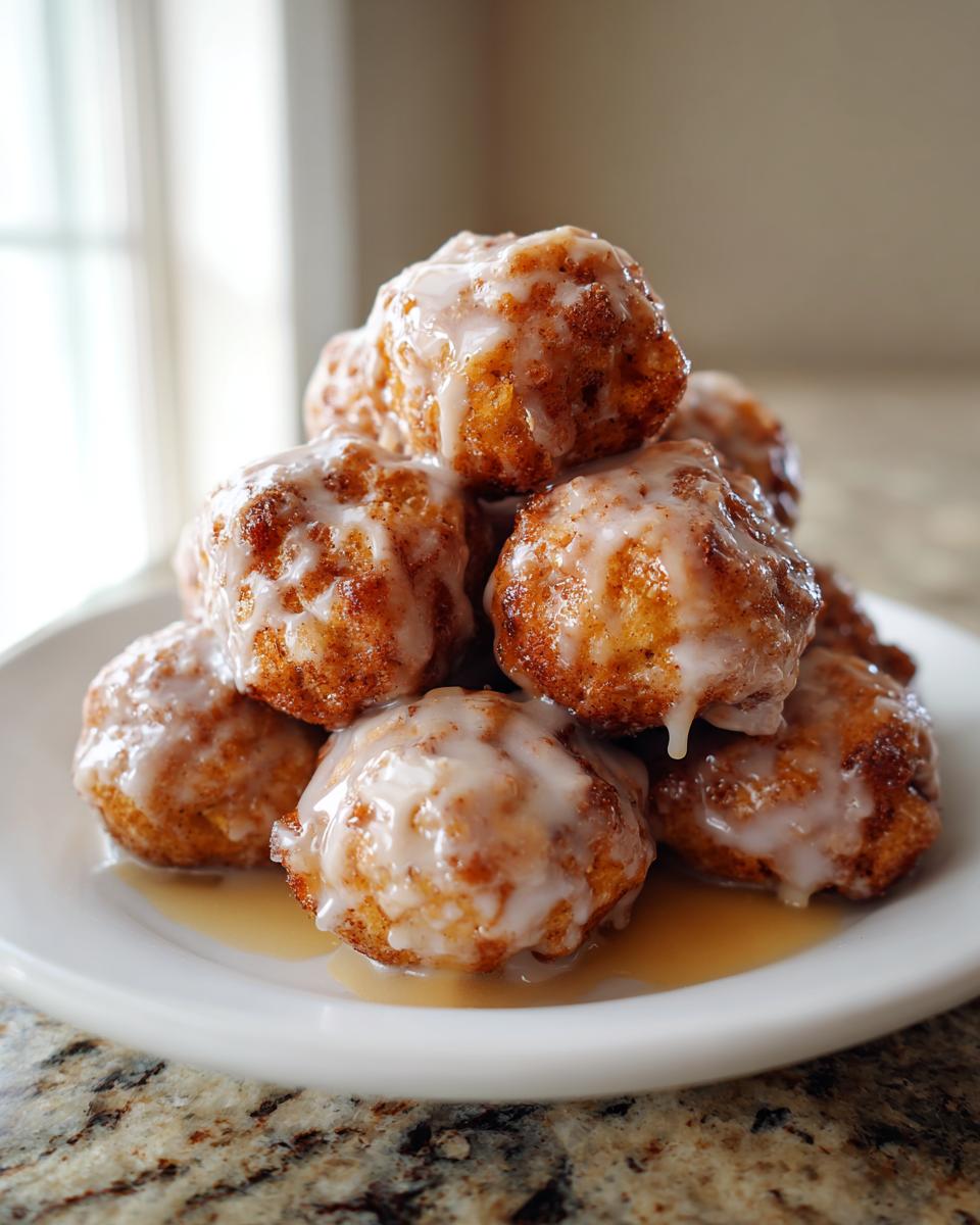 A stack of golden brown apple fritter bites drizzled generously with white glaze, resting on a white plate.