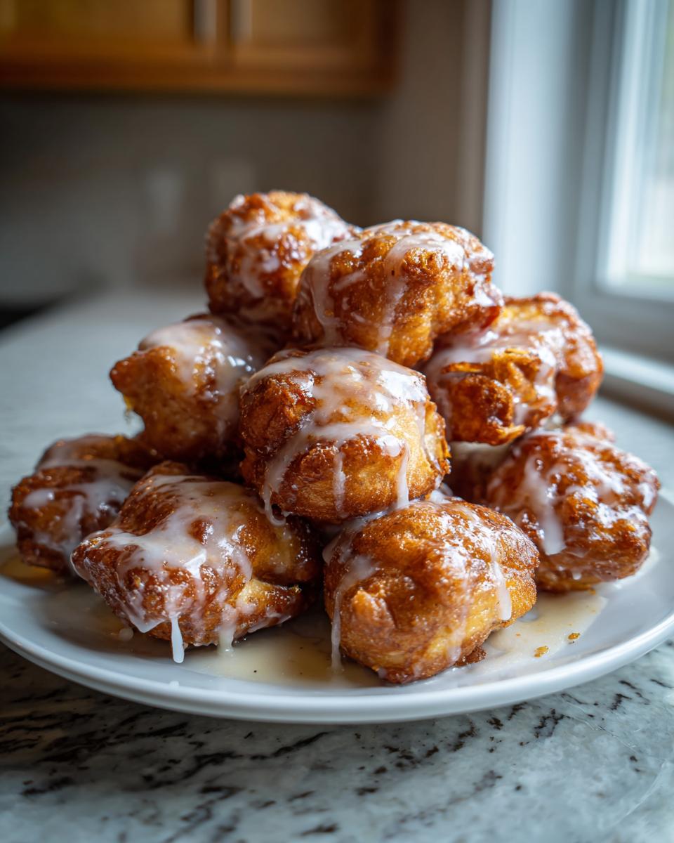 A stack of golden brown, freshly fried apple fritter bites drizzled generously with white glaze.