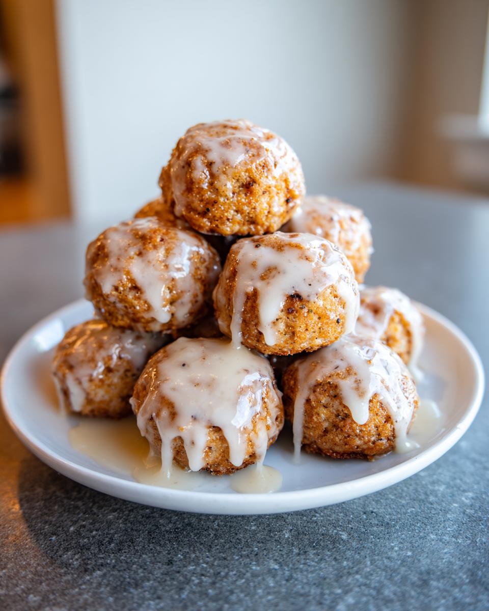 A stack of golden brown apple fritter bites generously drizzled with a thick vanilla glaze.
