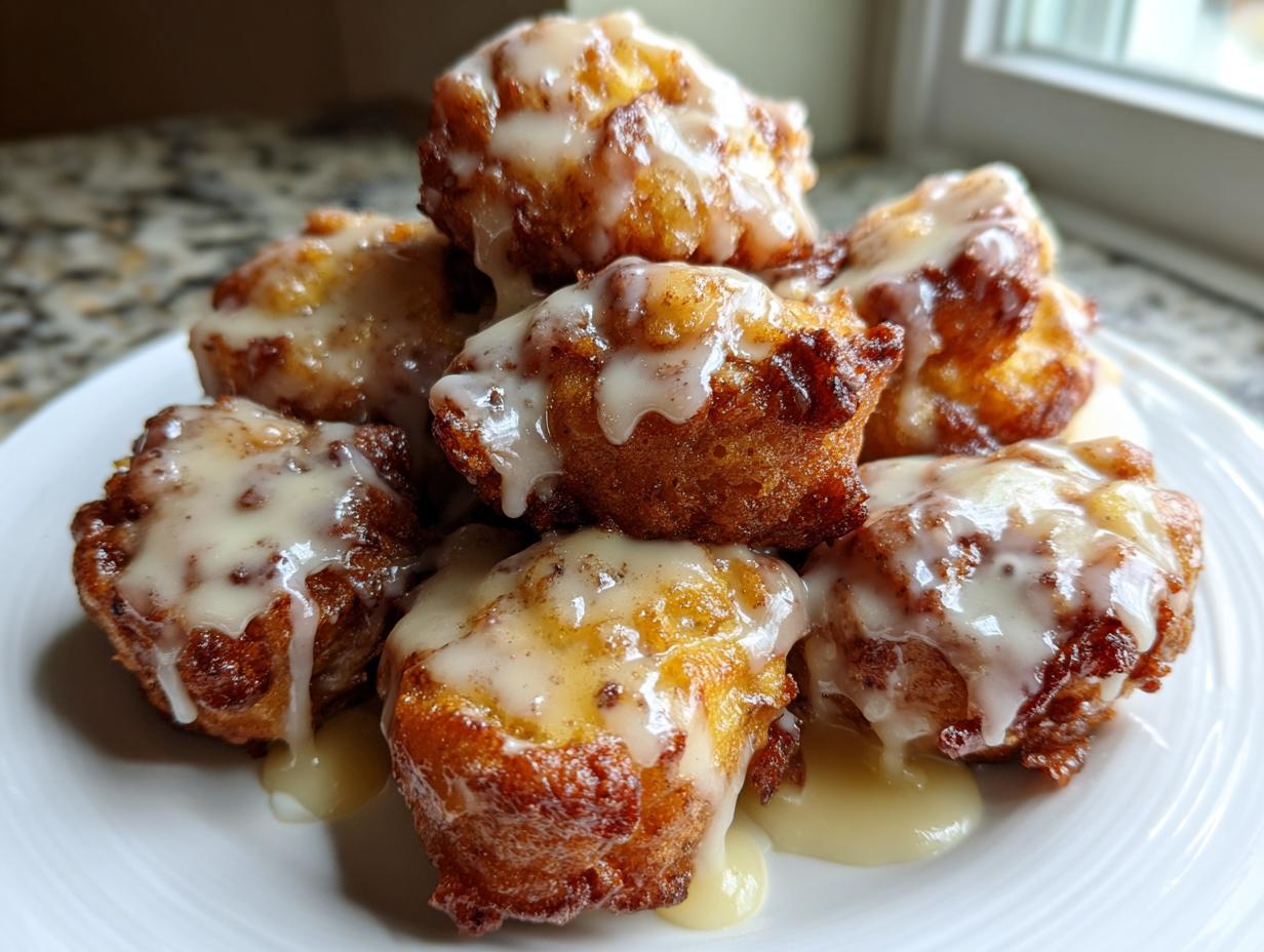 A stack of golden brown, deep-fried apple fritter bites generously drizzled with vanilla glaze.