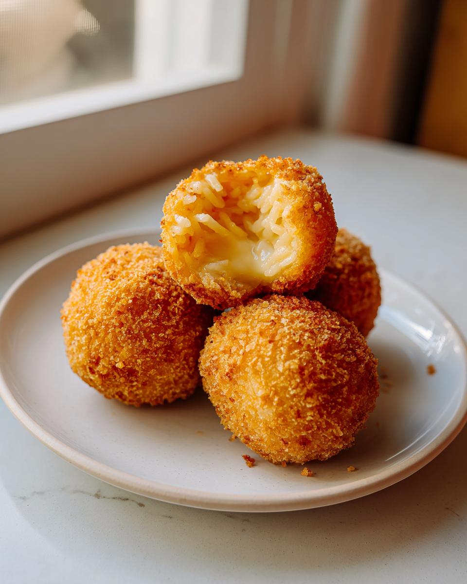 Four golden, crispy fried rice balls stacked on a plate, one is broken open to show melted cheese inside.