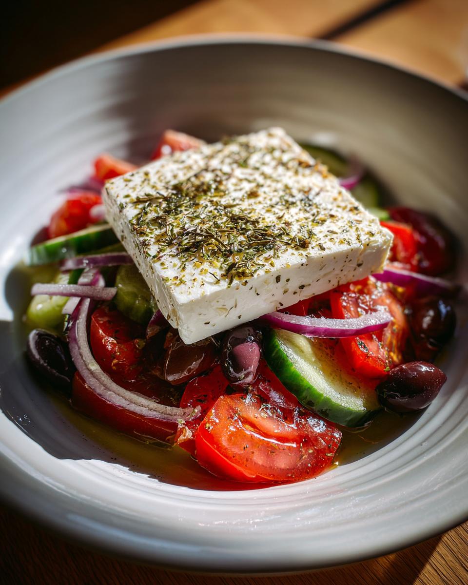 Close-up of a traditional greek salad topped with a large block of feta cheese seasoned with herbs.
