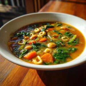 A close-up, appetizing view of hearty minestrone soup filled with carrots, spinach, beans, and small pasta rings.