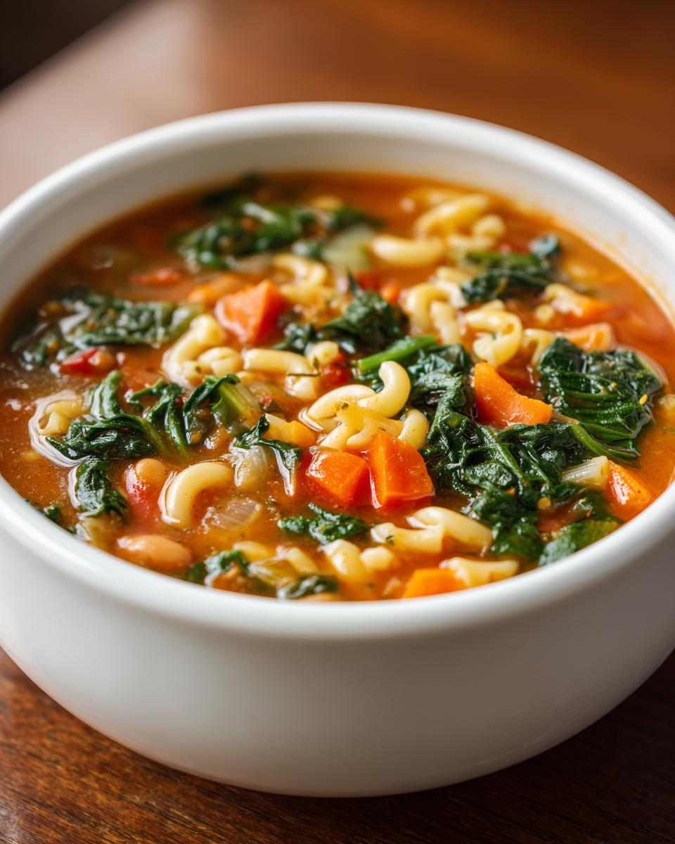 A close-up view of a white bowl filled with steaming hearty minestrone soup, featuring pasta, carrots, and dark leafy greens.