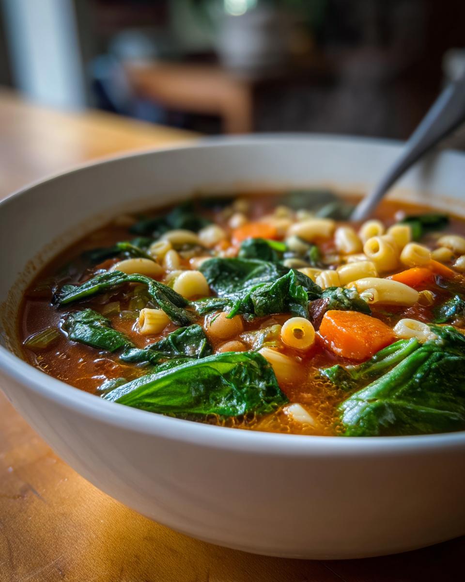 A close-up view of a steaming bowl of hearty minestrone soup filled with spinach, carrots, beans, and small pasta shapes.