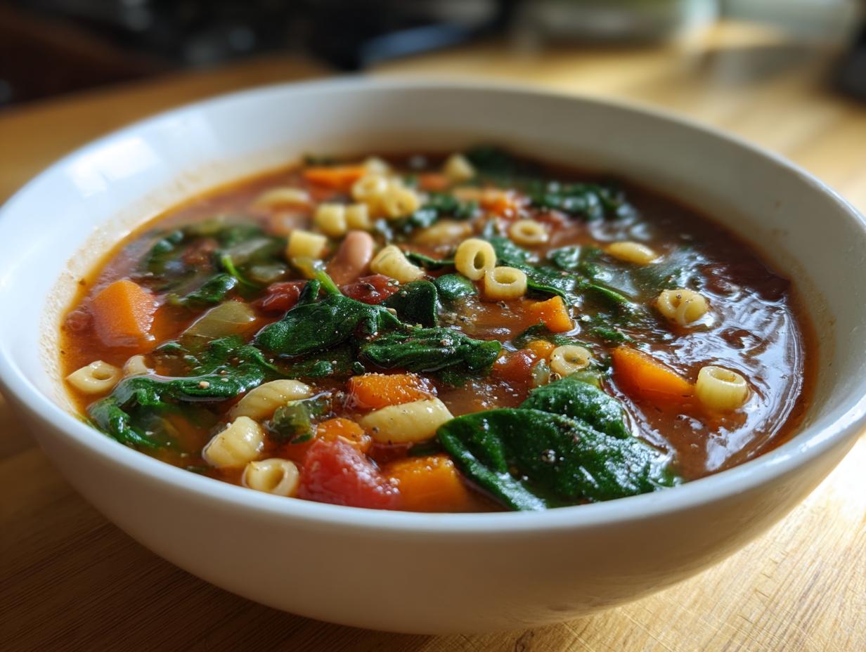 Close-up of a white bowl filled with steaming hearty minestrone soup, featuring spinach, carrots, beans, and small pasta shapes.