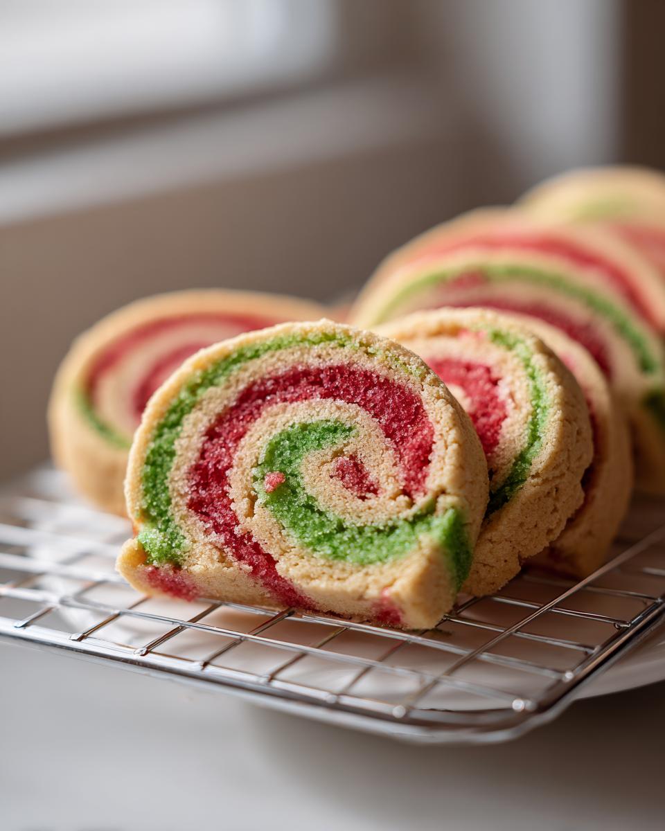 Slices of colorful red, green, and tan pinwheel cookies cooling on a wire rack.