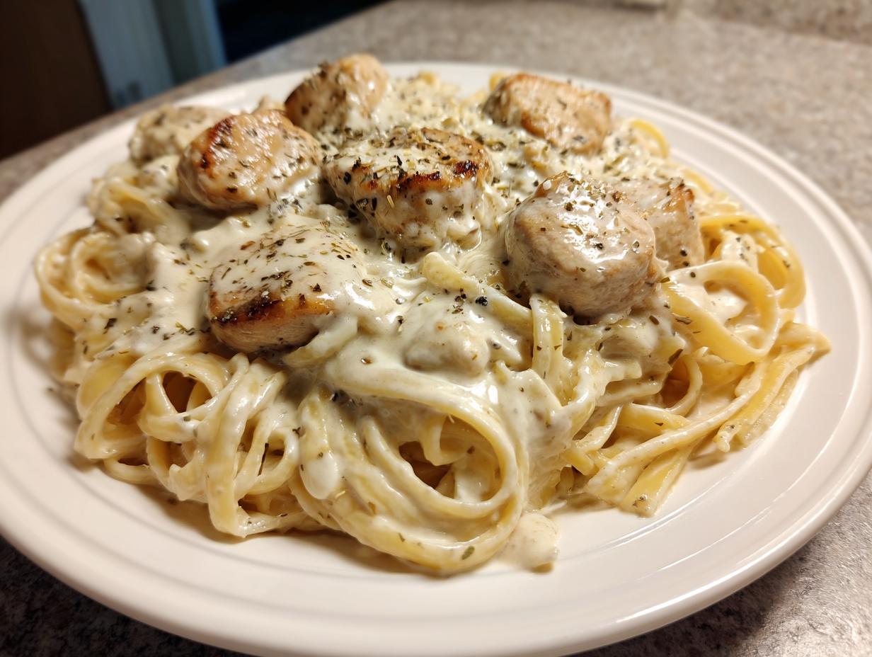 Close-up of fettuccine pasta generously coated in creamy sauce, topped with seared chicken pieces for chicken alfredo.