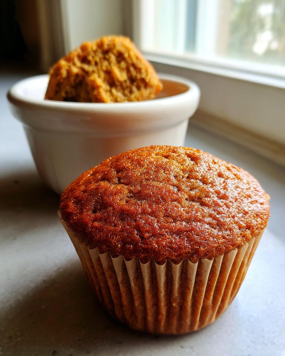 Close-up of a golden-brown honey bran muffin in a paper liner, with another muffin blurred in the background.