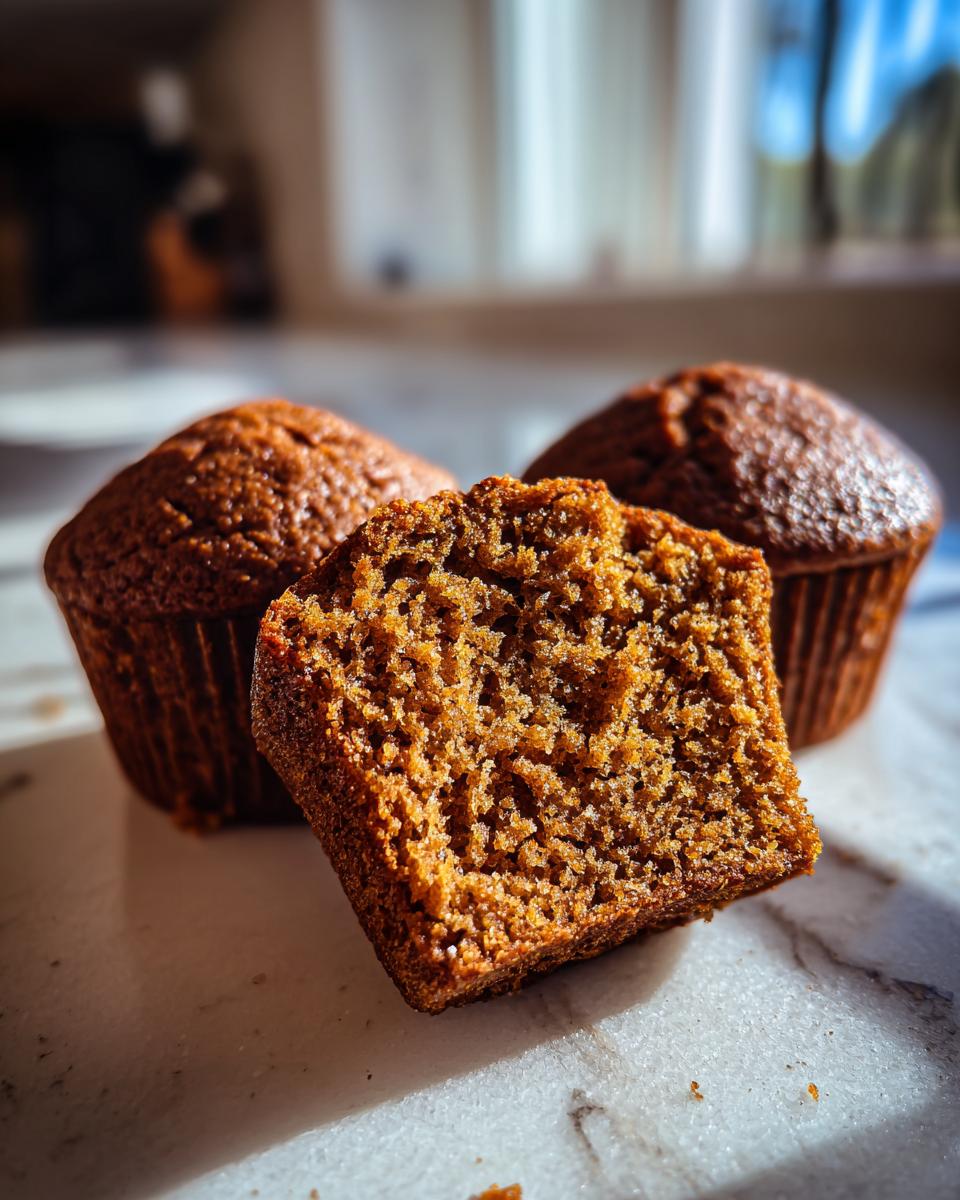 A close-up of a honey bran muffin, cut in half, revealing its moist and textured interior. Two whole muffins are visible in the background.