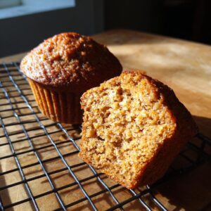 Close-up of two honey bran muffins on a cooling rack, one whole and one halved to show texture.