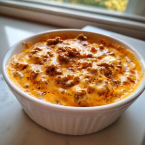 Close-up of a bubbling, cheesy rotel dip mixed with ground meat served hot in a white ceramic ramekin.