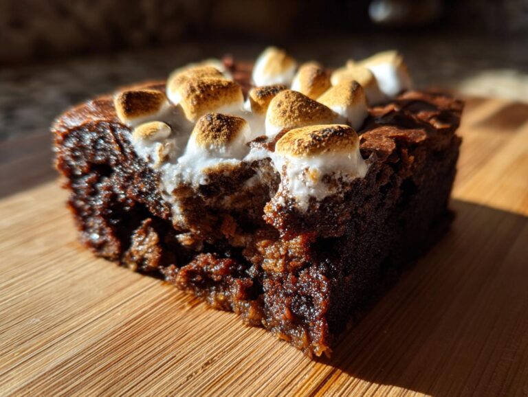 A close-up of a rich, fudgy hot chocolate brownie topped with toasted marshmallows and a sprinkle of cinnamon.