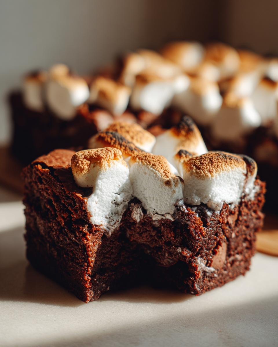 A close-up of a rich, fudgy hot chocolate brownie topped with toasted marshmallows.
