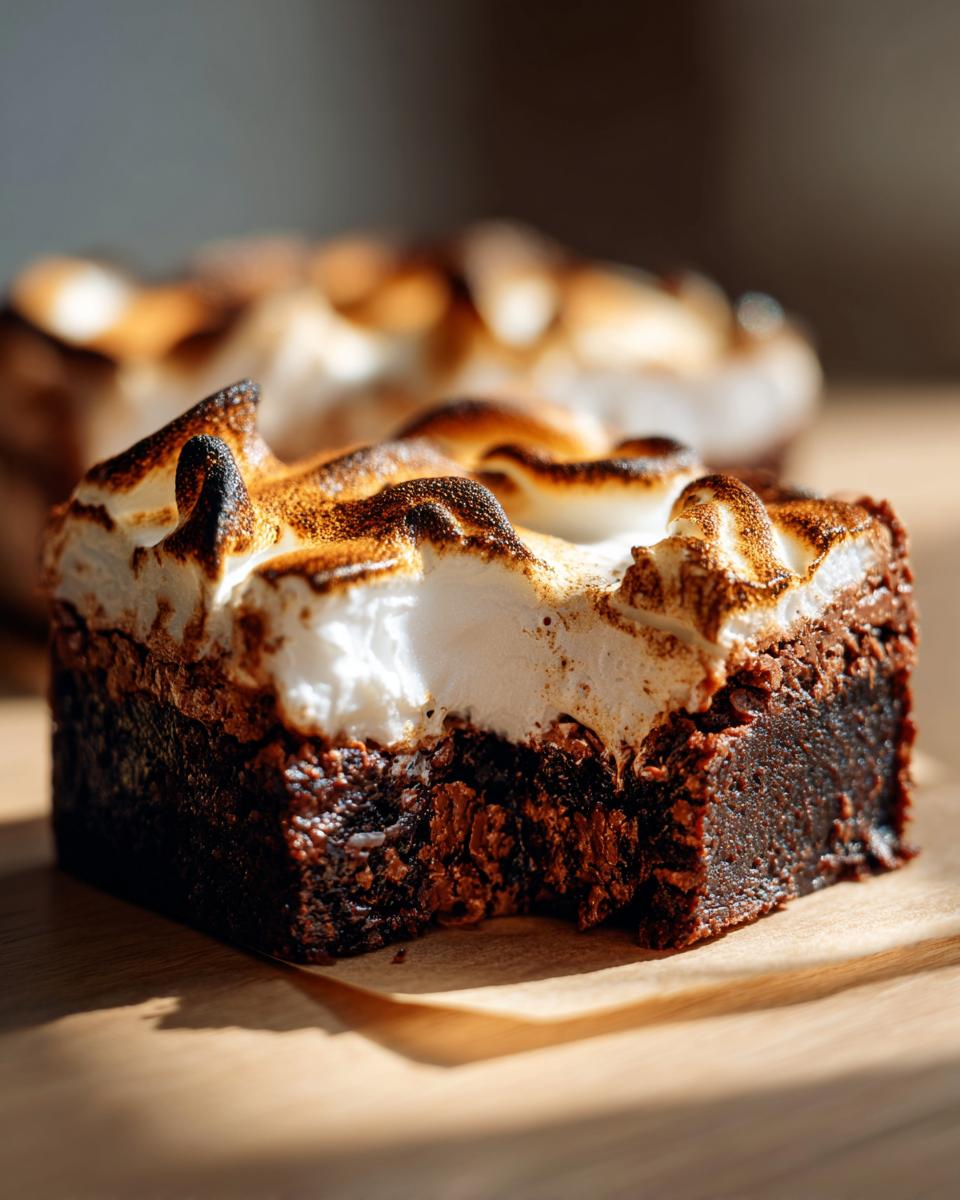 Close-up of a fudgy hot chocolate brownie topped with perfectly toasted, gooey marshmallows.