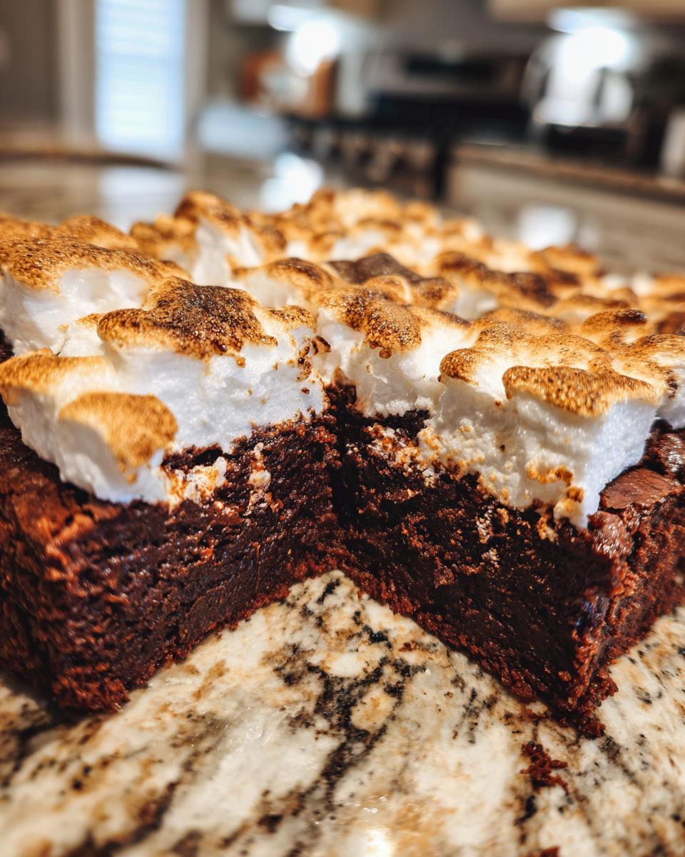 Close-up of a rich, dark chocolate brownie topped with gooey, toasted marshmallows.