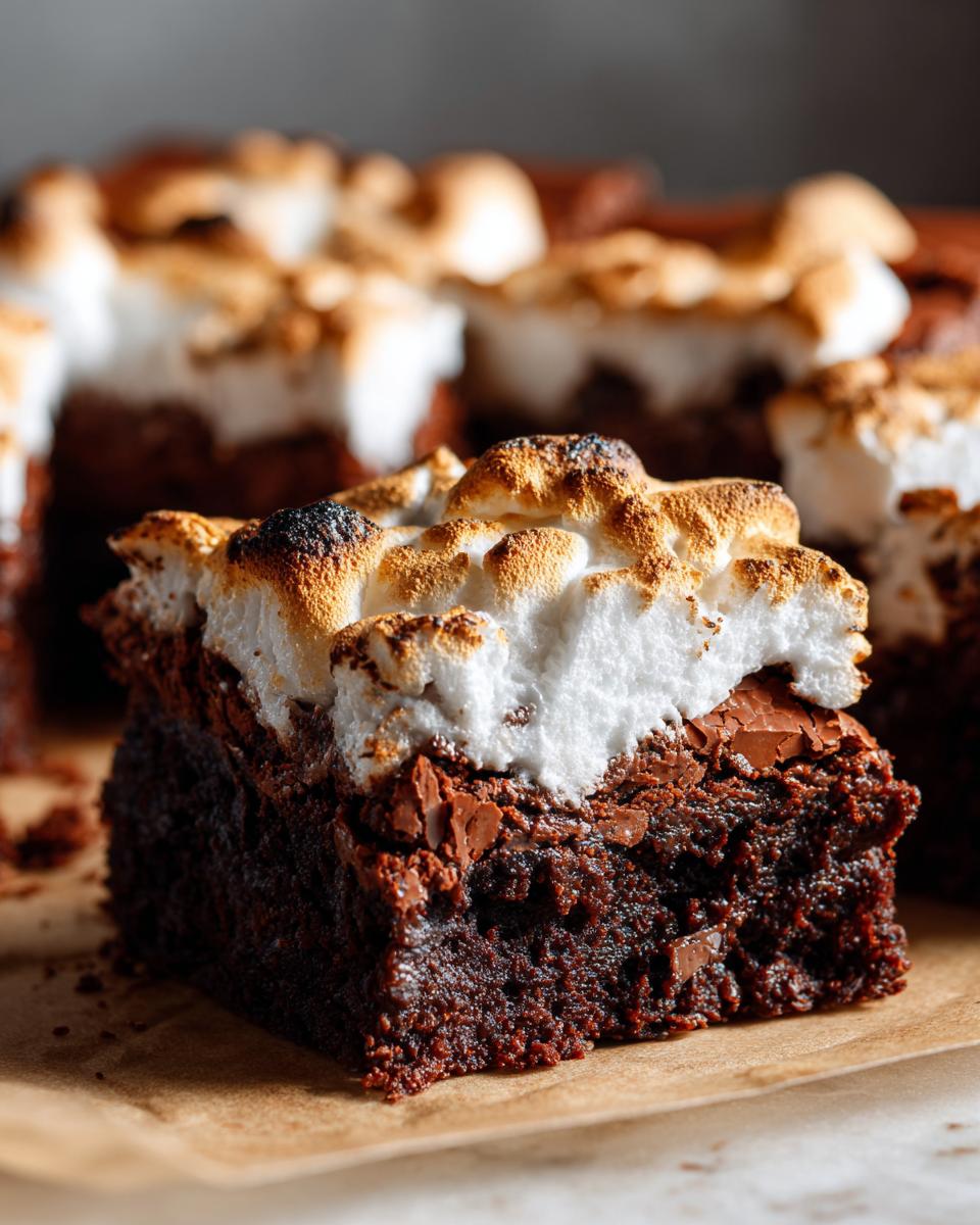 A close-up of a rich, dark hot chocolate brownie topped with fluffy, toasted marshmallows.