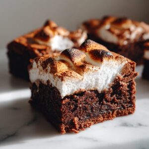 Close-up of a rich, fudgy hot chocolate brownie topped with fluffy, toasted marshmallows and a dusting of cocoa powder.