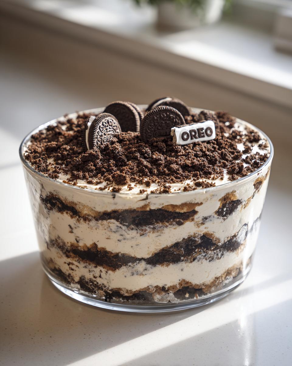 A clear glass bowl showcasing the layers of a delicious dirt cake, topped with crushed cookies and whole Oreos.
