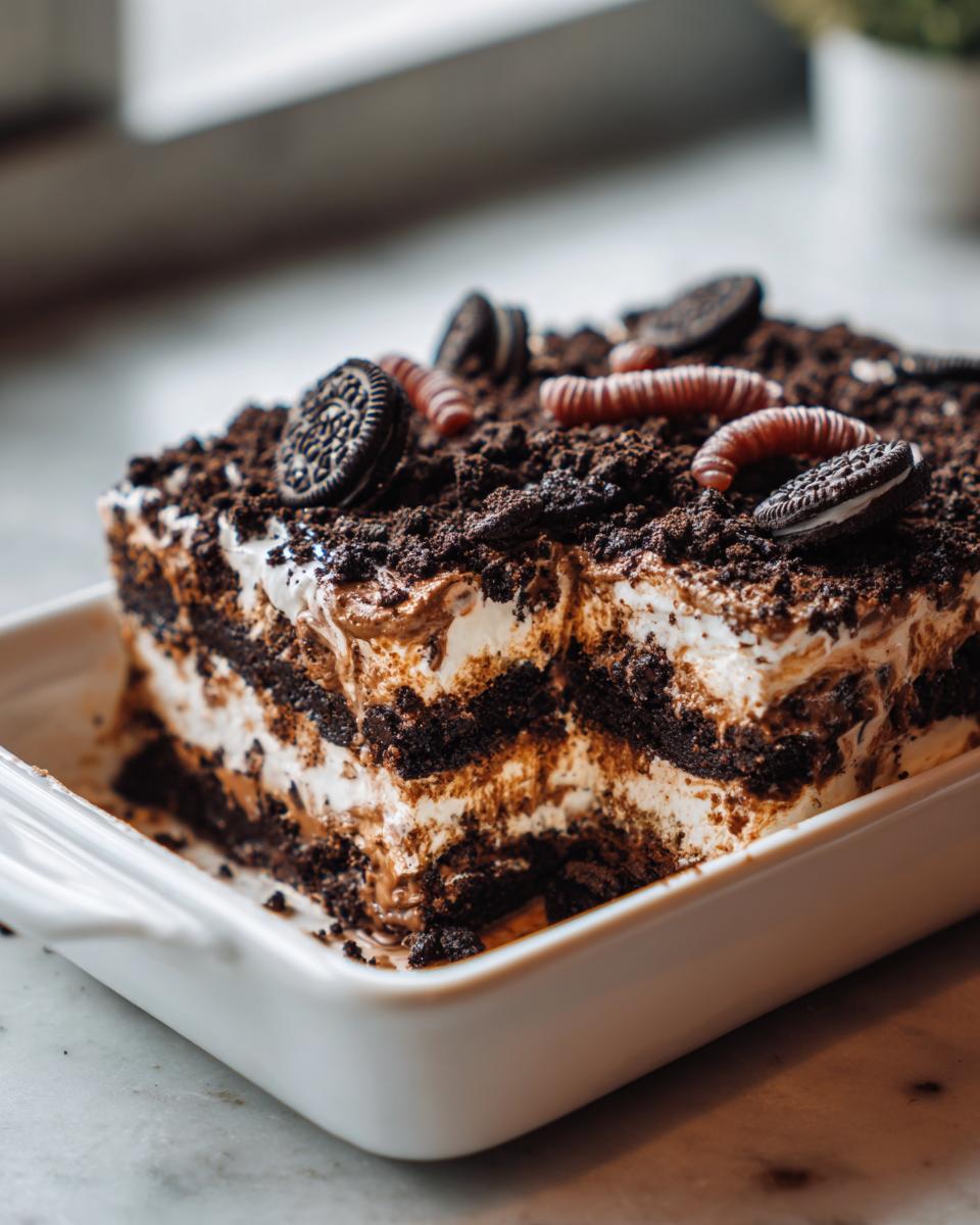 A square serving of layered dirt cake showing dark chocolate cookie crumbs and white cream filling, topped with Oreos and gummy worms.