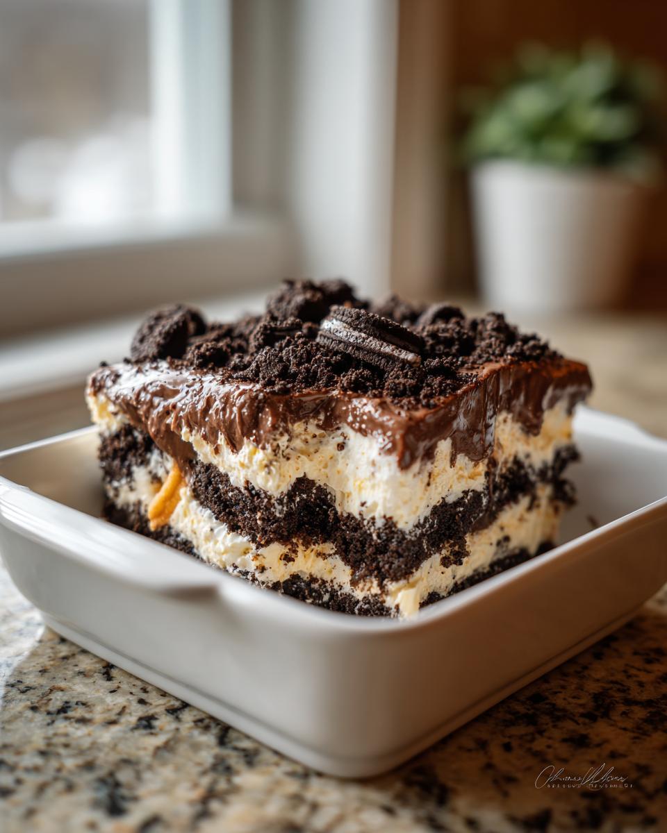 A square slice of rich, layered dirt cake featuring chocolate crust, cream filling, and chocolate topping with crushed Oreos.