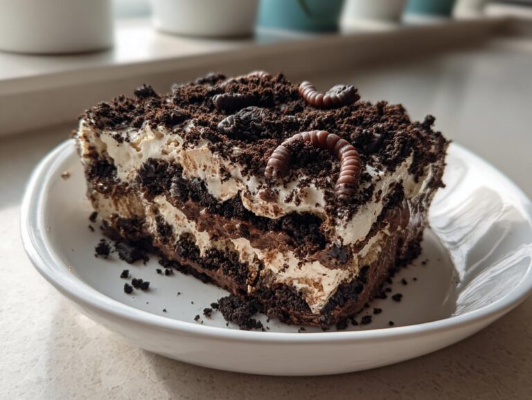A square slice of layered dirt cake topped with crushed cookies and two gummy worms, served on a white plate.