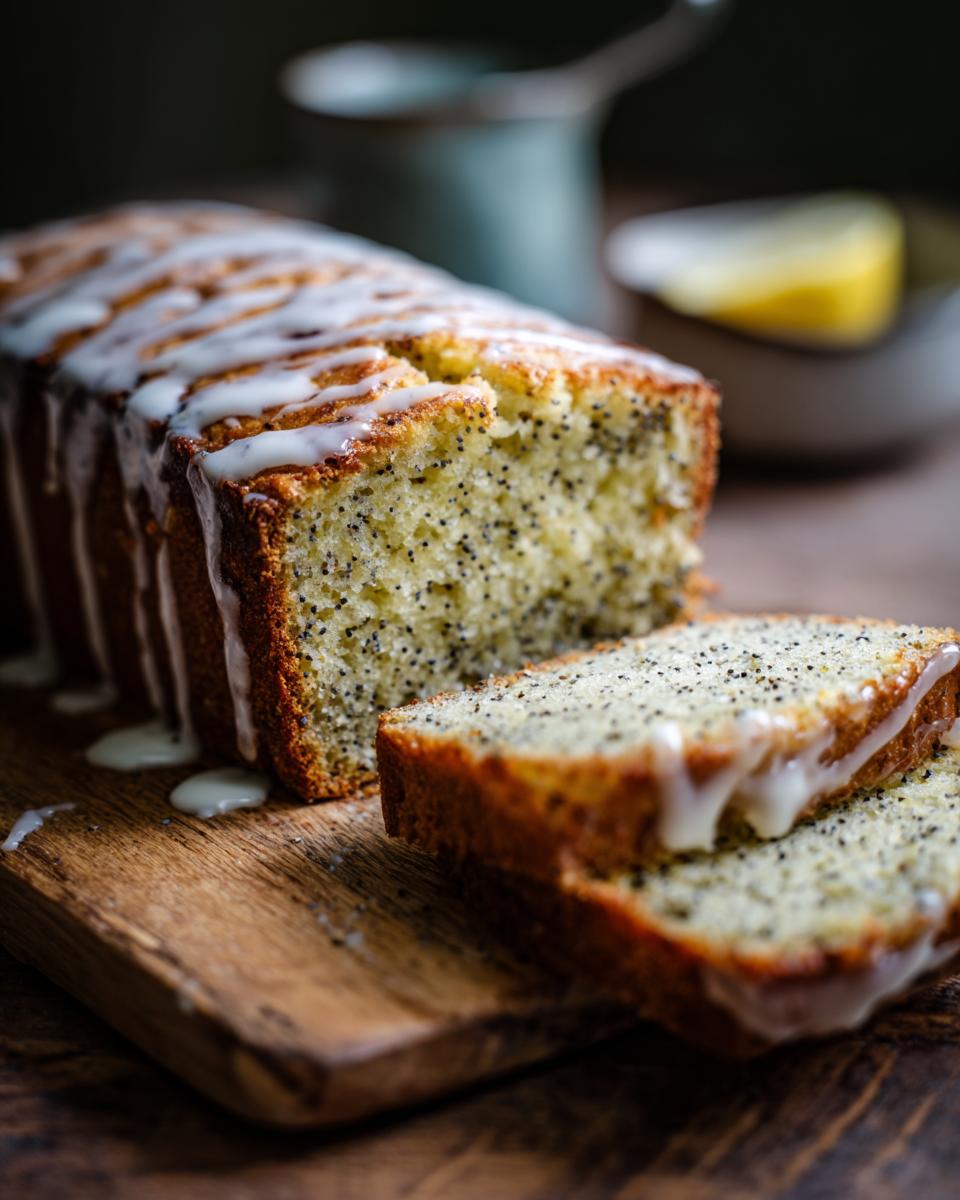 Close-up of a moist lemon poppy seed loaf, sliced and drizzled with a white glaze on a wooden board.