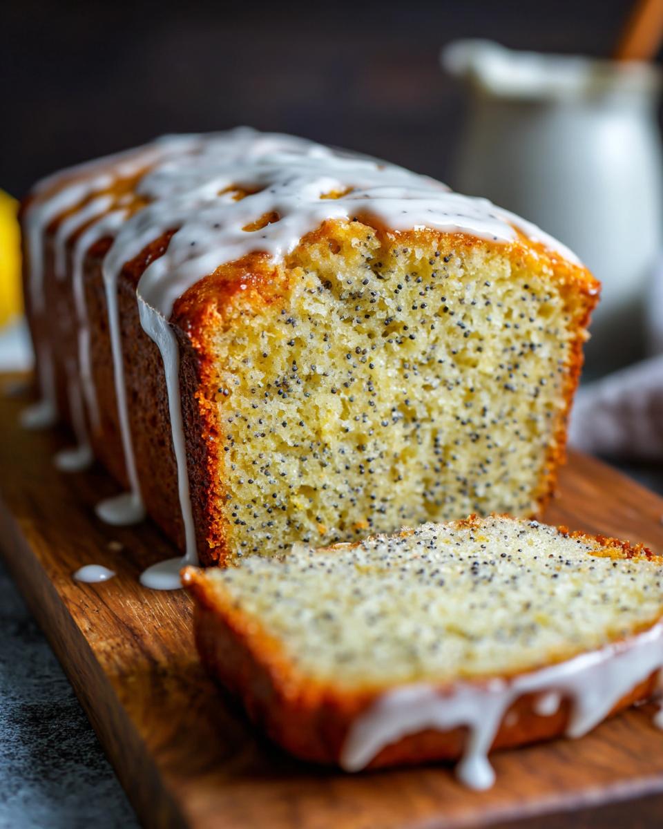 A slice of moist lemon poppy seed loaf with a drizzled white glaze on a wooden board.