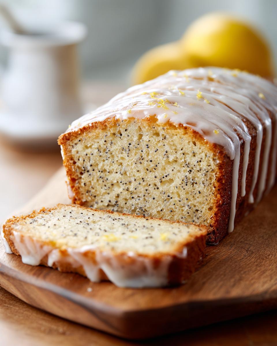A slice of moist lemon poppy seed loaf with a white glaze and lemon zest on top.