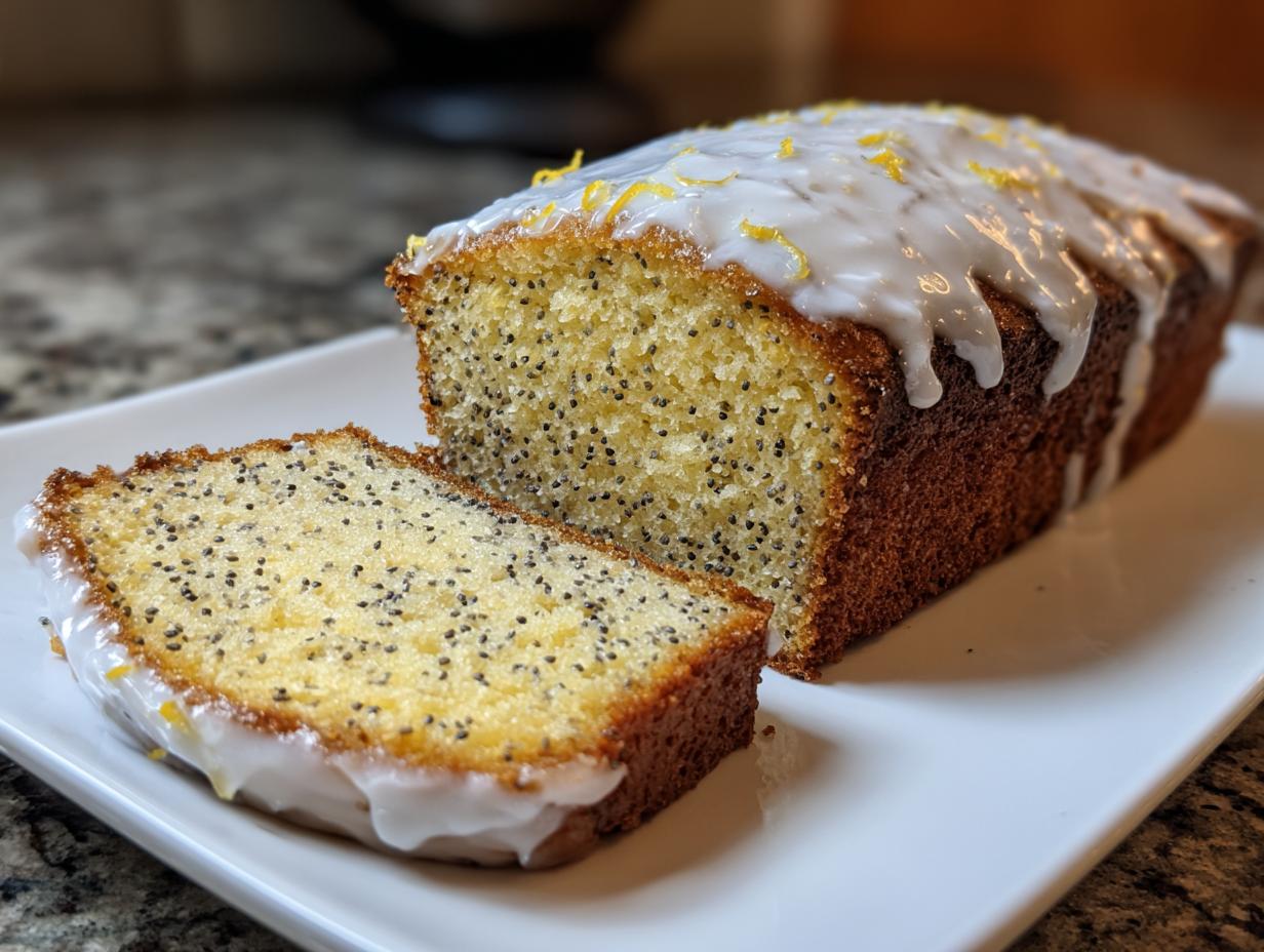 A slice of moist lemon poppy seed loaf with white glaze and lemon zest on top.