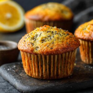 Close-up of a freshly baked lemon poppy seed muffin with a golden-brown crust and visible poppy seeds.