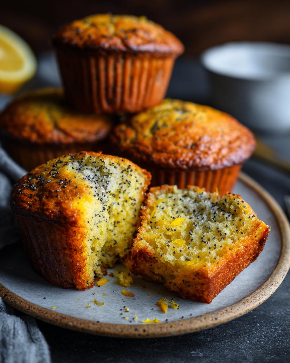 Close-up of a halved lemon poppy seed muffin, revealing its moist crumb and visible poppy seeds.