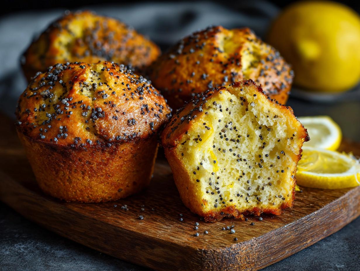 Close-up of a delicious lemon poppy seed muffin, with one muffin broken open to reveal the moist interior and poppy seeds.