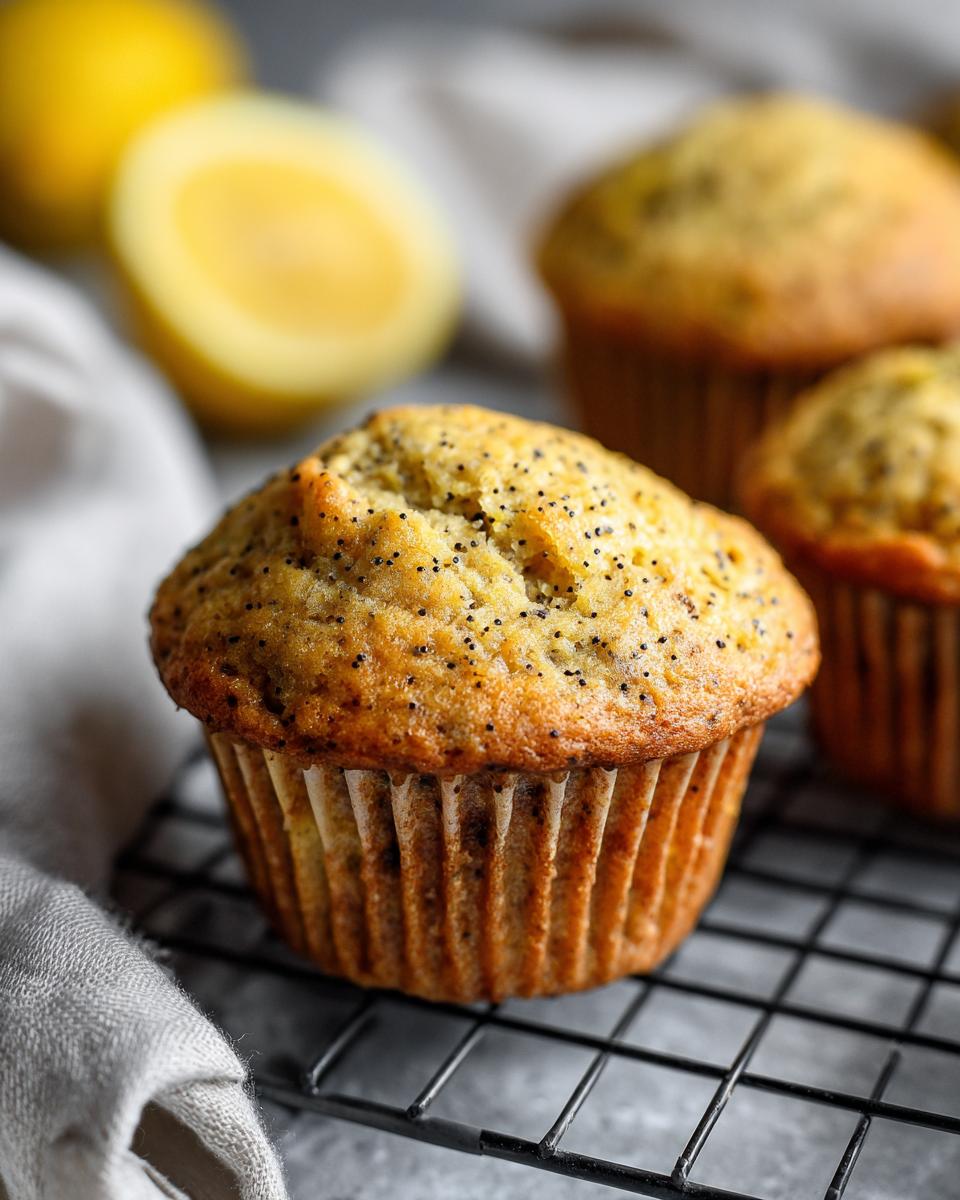 Close-up of a golden lemon poppy seed muffin on a black cooling rack, with more muffins and lemons blurred in the background.