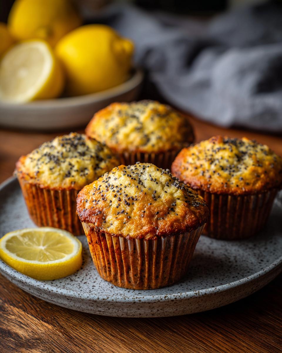 Close-up of golden-brown lemon poppy seed muffins on a speckled plate with a lemon slice.