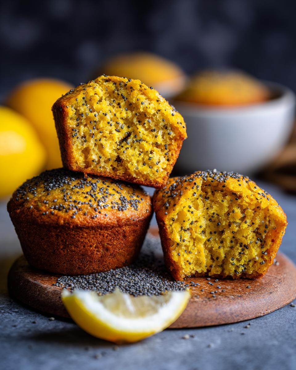 A close-up of three golden lemon poppy seed muffins, one cut in half to reveal the moist interior and poppy seeds.