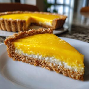 A close-up of a slice of mango curd tart with a creamy white filling and a crumbly crust.