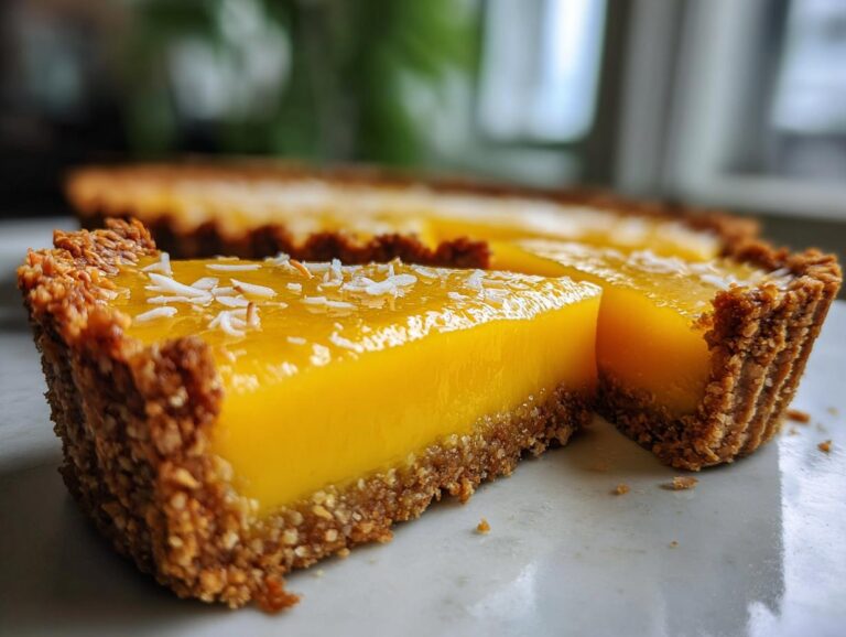 Close-up of a slice of mango curd tart with a nutty crust, topped with shredded coconut.
