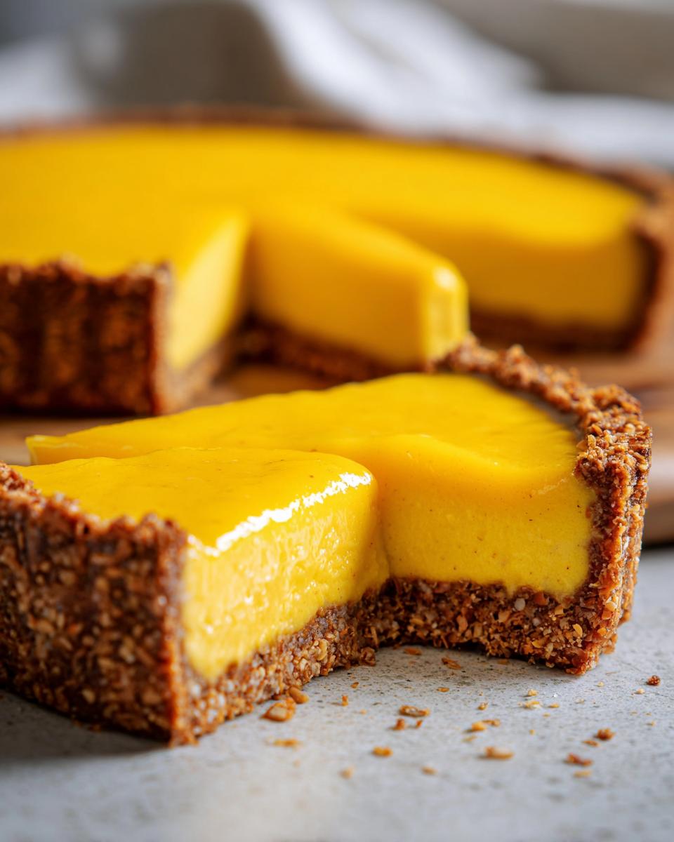 A close-up of a slice of mango curd tart, showcasing its vibrant yellow filling and textured nutty crust.