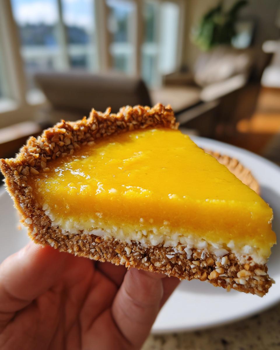 A close-up shot of a slice of mango curd tart, showcasing its vibrant yellow filling and a textured nutty crust.