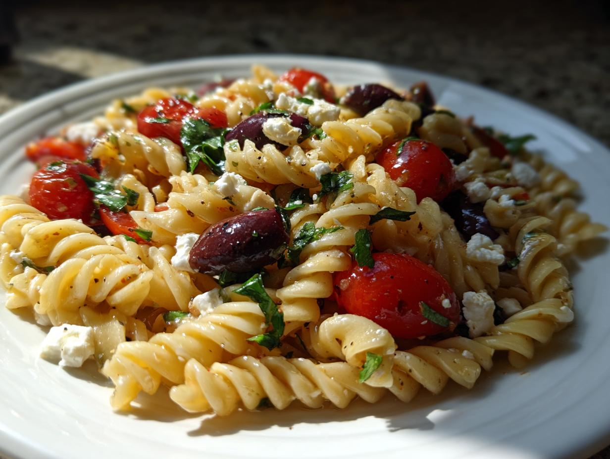 A close-up shot of a serving of mediterranean pasta salad featuring rotini pasta, cherry tomatoes, Kalamata olives, and feta cheese.